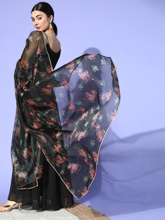 Black Self Design Kurta with Printed Dupatta & Belt - Inddus.com