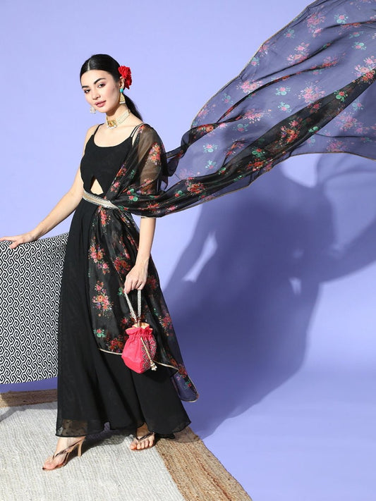 Black Self Design Kurta with Printed Dupatta & Belt - Inddus.com