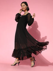 Black Self Design Ruffled Midi Gown - Inddus.com