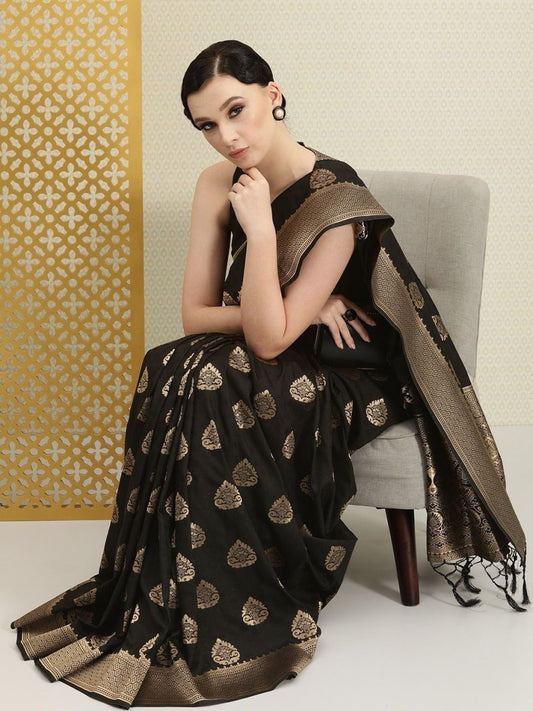 Black Self Weaving Zari Woven Traditional Saree - inddus-us