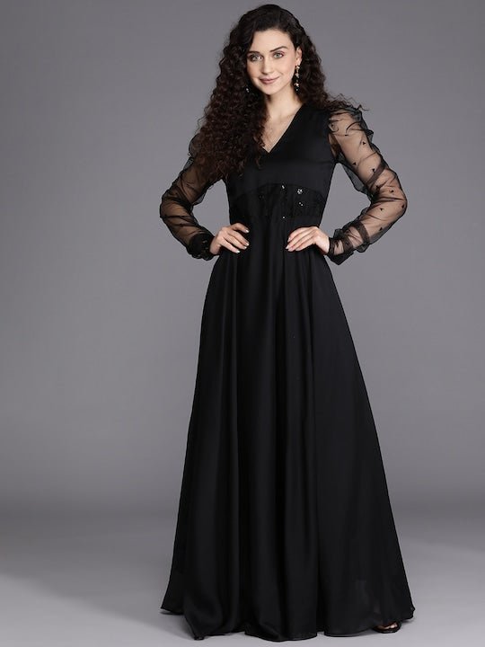 Black Sequins Embroidered Ethnic Gown - Inddus.com