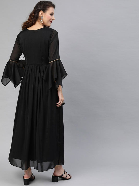 Black Silk Blend Solid Fit & Flared Maxi Gown - inddus-us