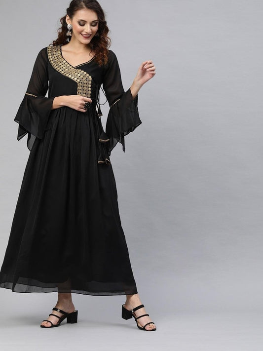 Black Silk Blend Solid Fit & Flared Maxi Gown - inddus-us