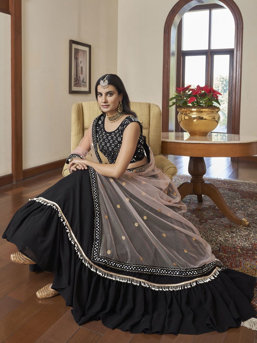 Black Silk Embroidered Lehenga Choli - Inddus.com