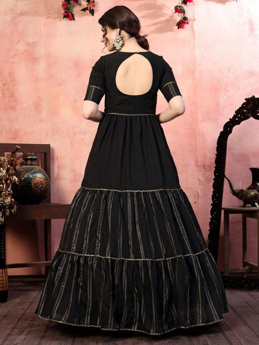 Black Silk Sequins Work Anarkali Gown - inddus-us