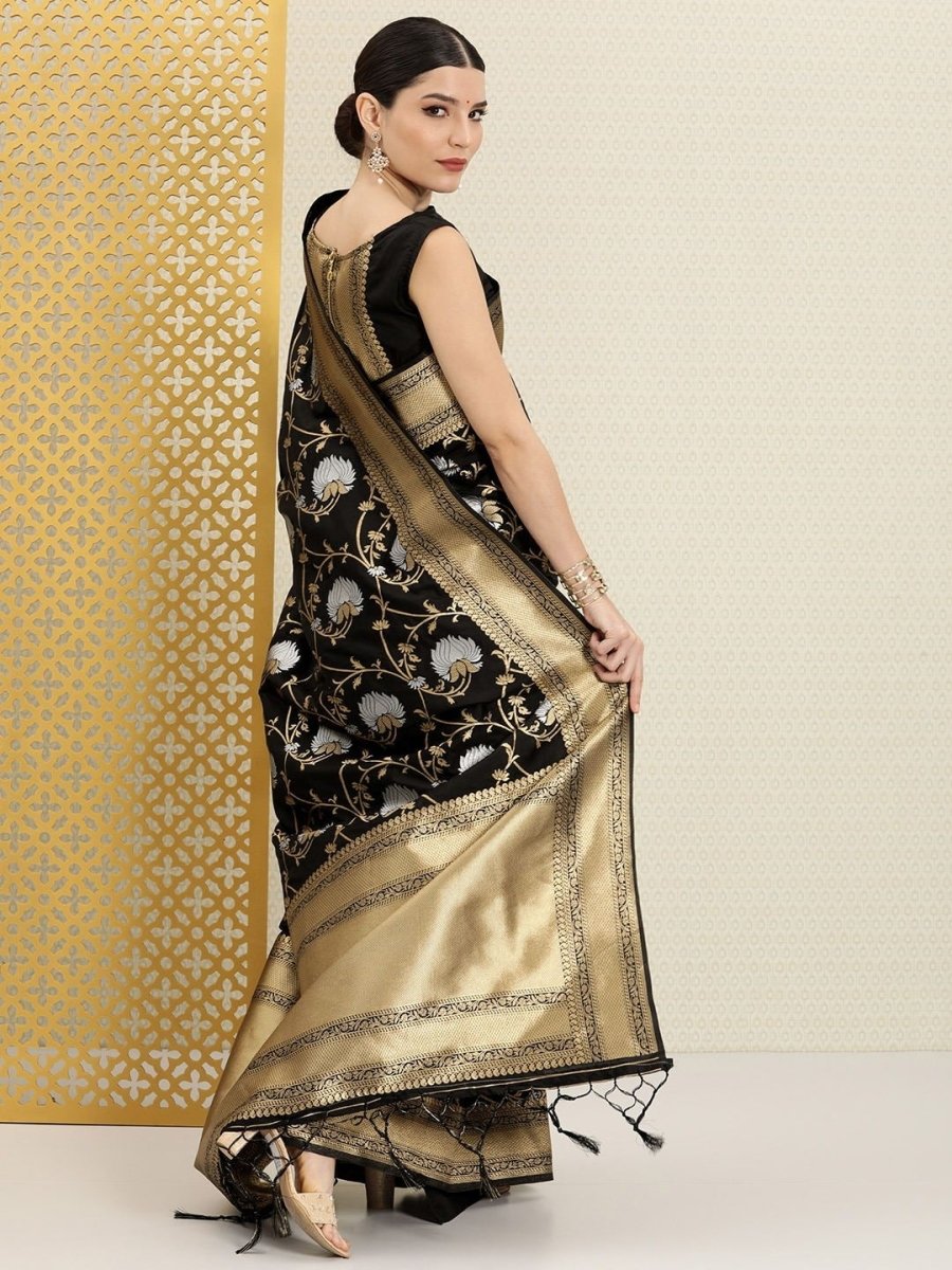 Black Silver and Golden Floral Etnic Motifs Zari Woven Saree - Inddus.com