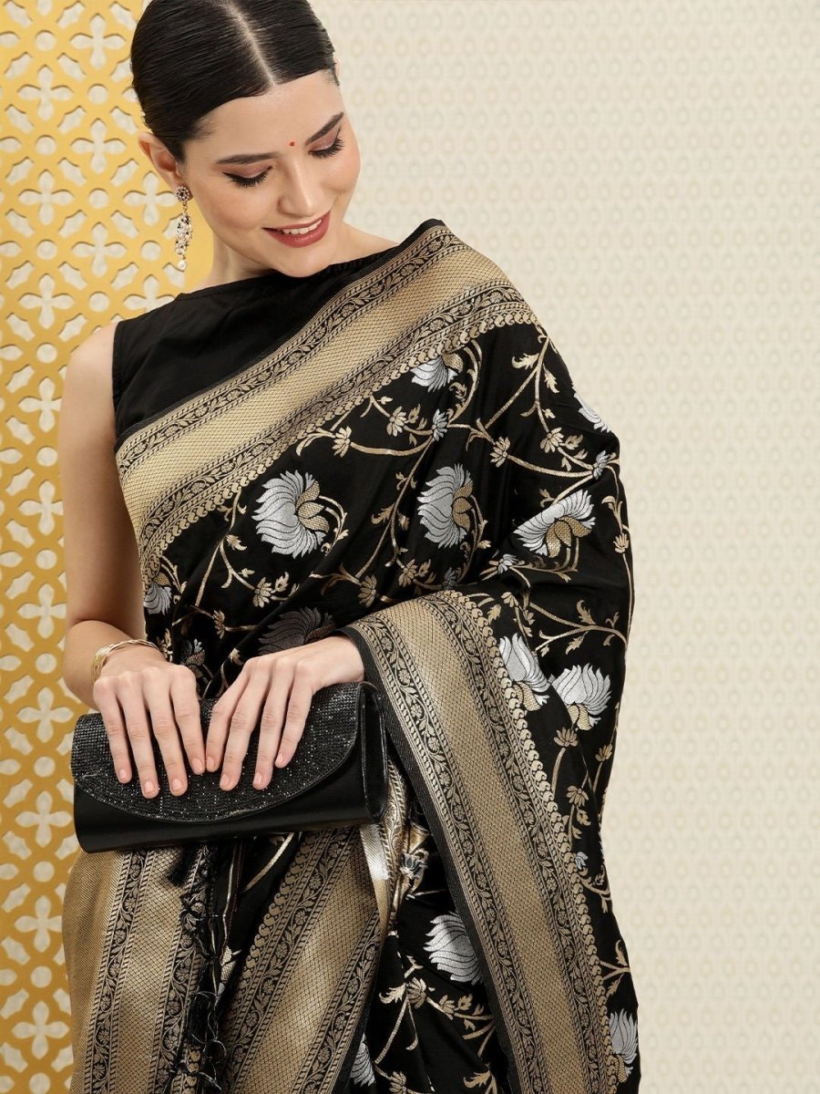 Black Silver and Golden Floral Etnic Motifs Zari Woven Saree - Inddus.com