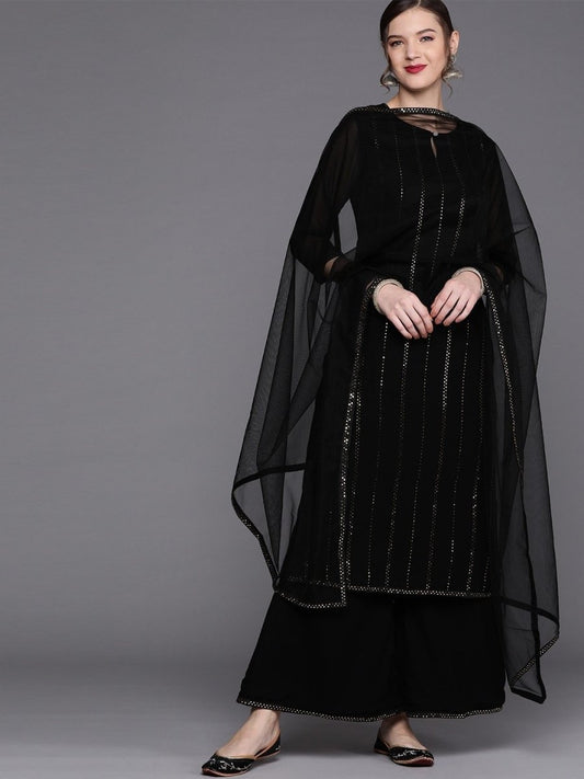 Black Silver Embellished Kurta with Palazzo and Net Dupatta - inddus-us