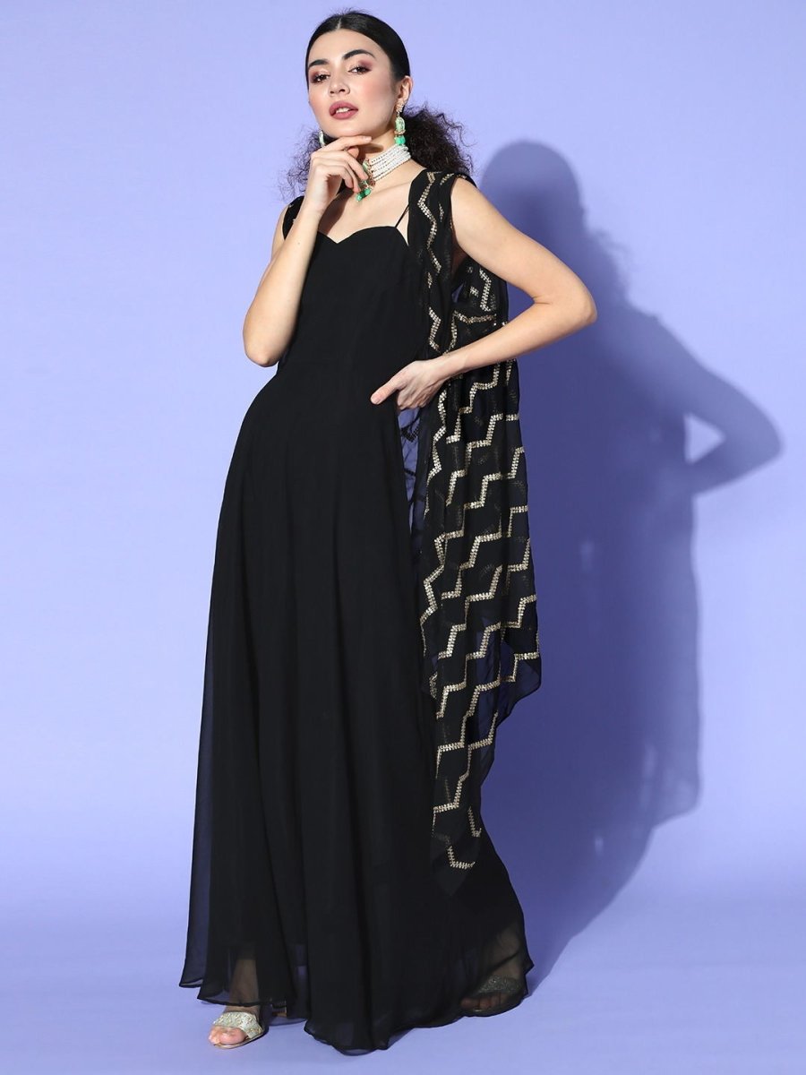 Black Solid Gown with Embroidered Jacket - Inddus.com