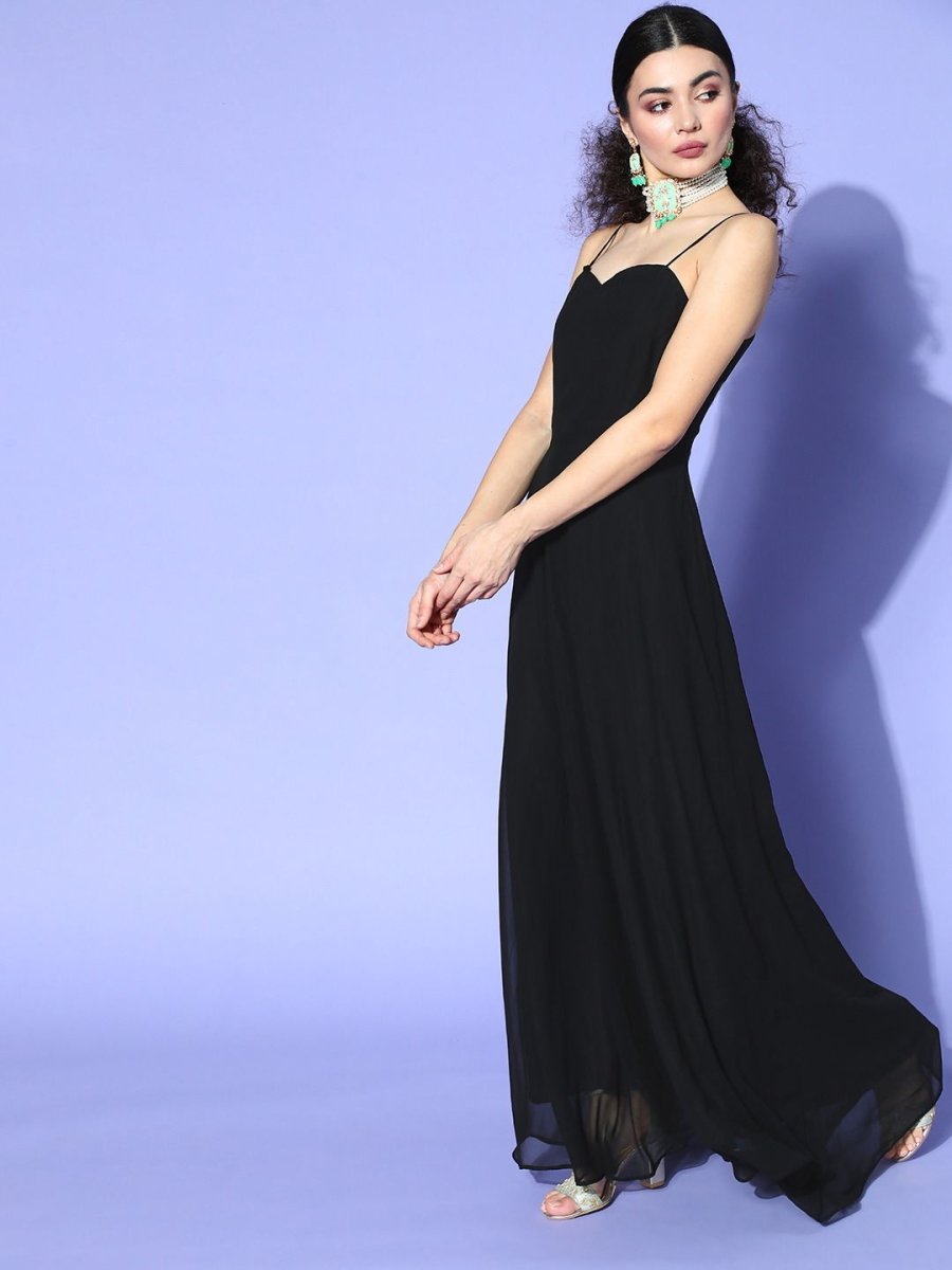 Black Solid Gown with Embroidered Jacket - Inddus.com