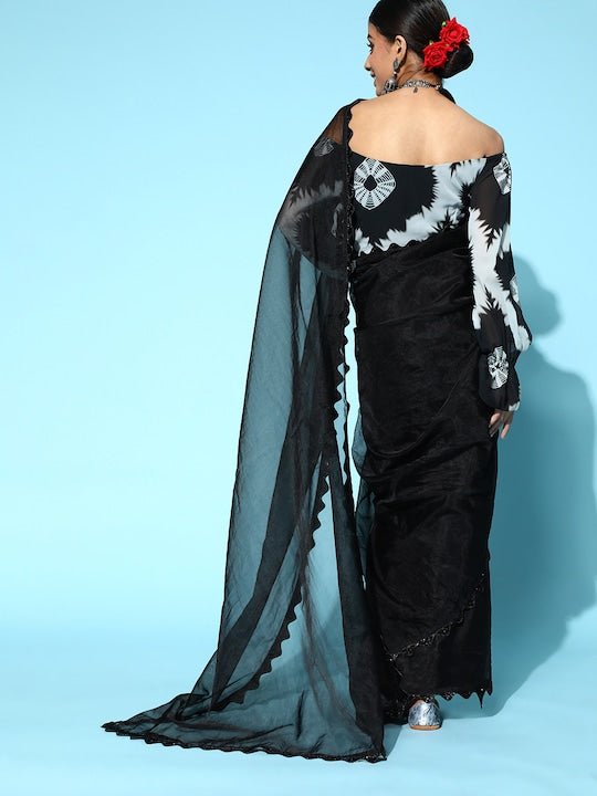 Black Solid Organza Saree with Tie & Dye Blouse