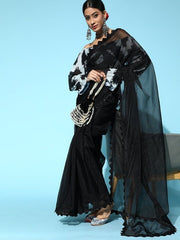 Black Solid Organza Saree with Tie & Dye Blouse