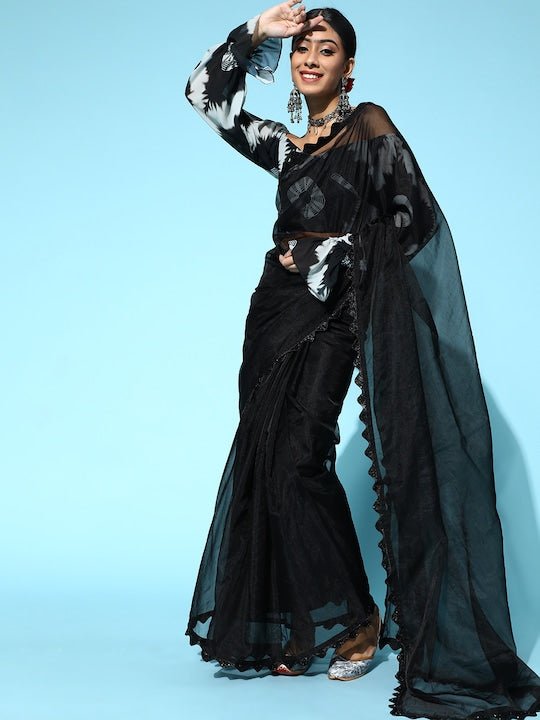 Black Solid Organza Saree with Tie & Dye Blouse