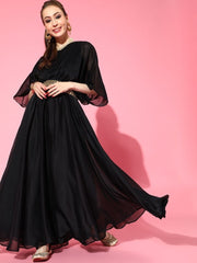 Black Solid Pleated Party Gown with Embroidered Belt - inddus-us