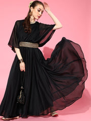 Black Solid Pleated Party Gown with Embroidered Belt - inddus-us