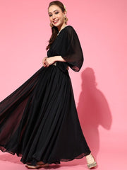 Black Solid Pleated Party Gown with Embroidered Belt - inddus-us