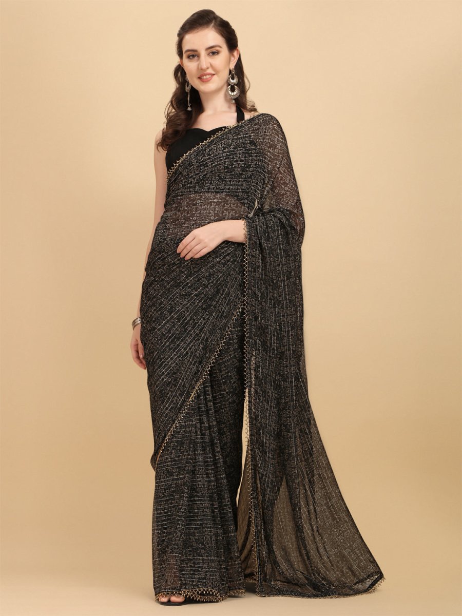 Black Woven Design Saree with Blouse Piece - Inddus.com