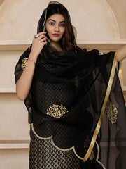 Black Woven Design Thread Work & Zari Straight Kurta & Trousers With Dupatta - Inddus.com