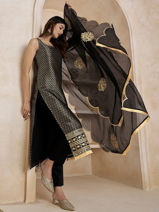 Black Woven Design Thread Work & Zari Straight Kurta & Trousers With Dupatta - Inddus.com