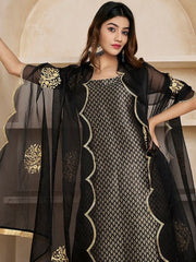 Black Woven Design Thread Work & Zari Straight Kurta & Trousers With Dupatta - Inddus.com