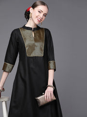 Black Woven Stripes Cotton Kurta - Inddus.com