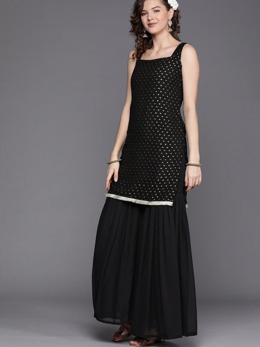 Black Zari Woven Kurta with Tierred Sharara and Net Dupatta - Inddus.com