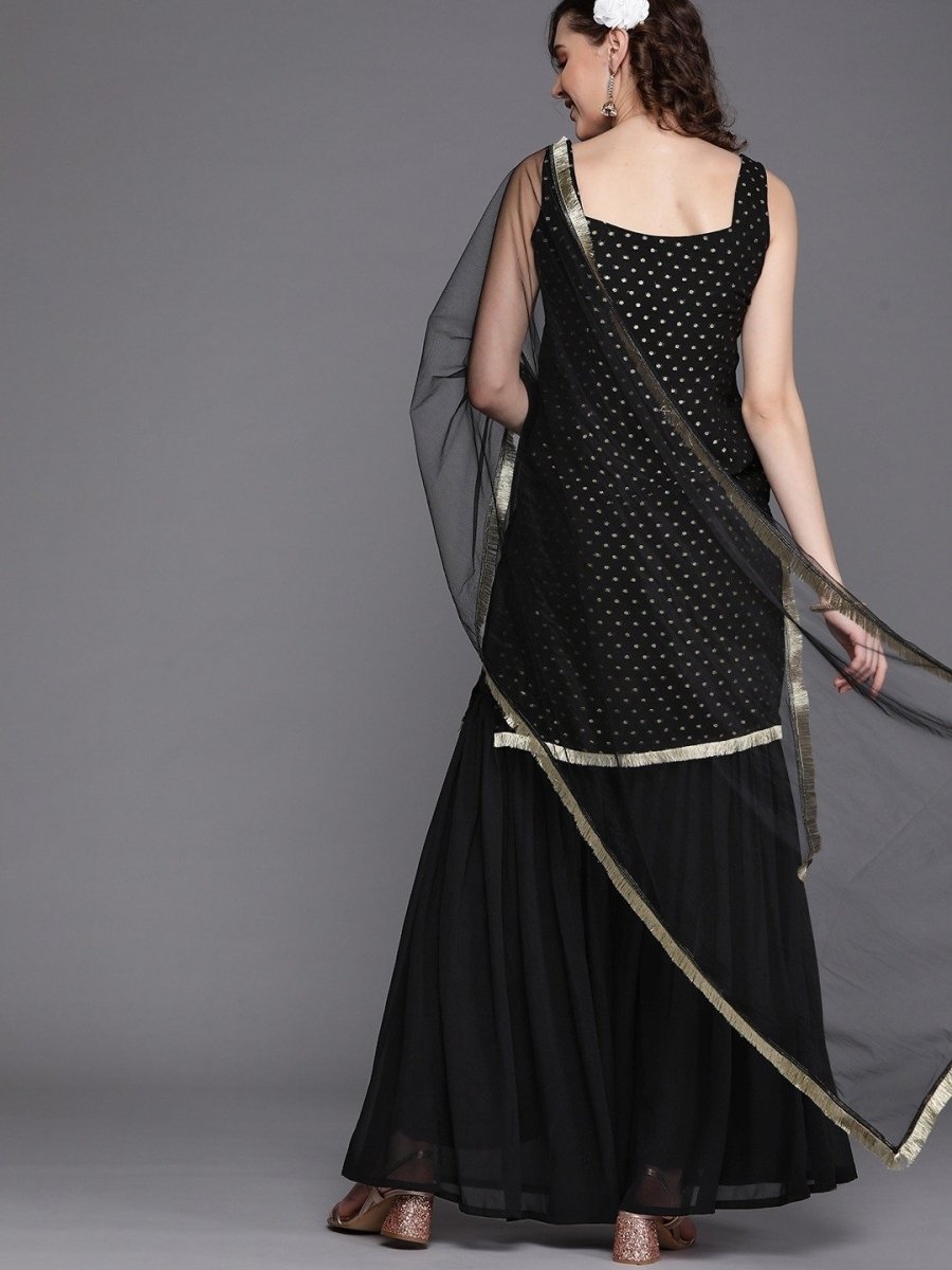 Black Zari Woven Kurta with Tierred Sharara and Net Dupatta - Inddus.com