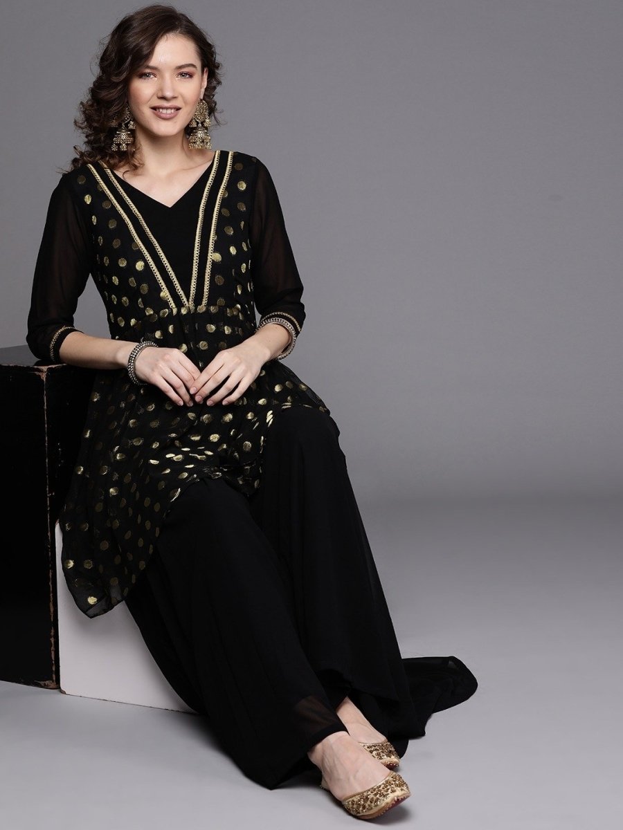 Black Zari Woven Polka dot Kurta with Layered Sharara - Inddus.com