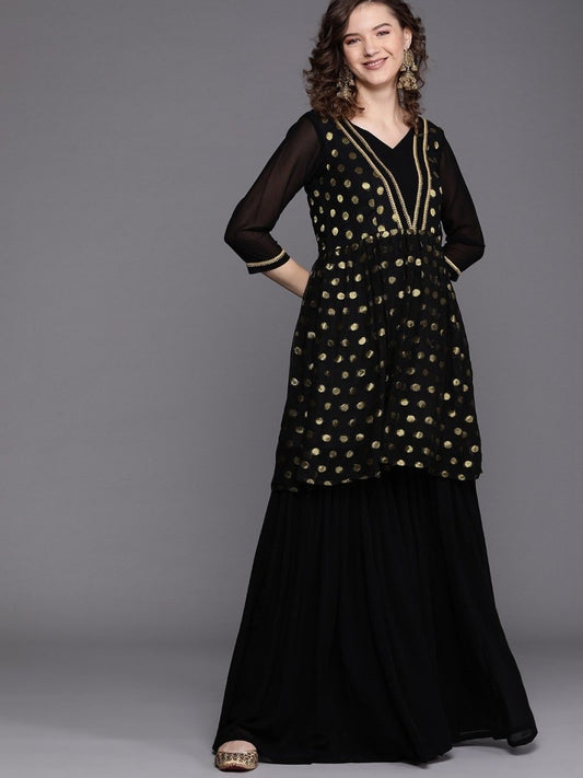 Black Zari Woven Polka dot Kurta with Layered Sharara - Inddus.com