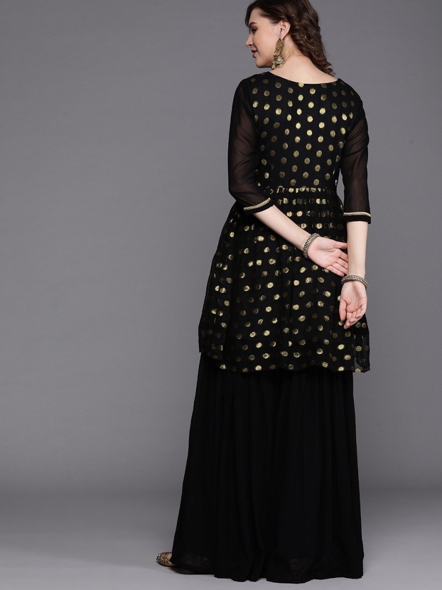 Black Zari Woven Polka dot Kurta with Layered Sharara - Inddus.com