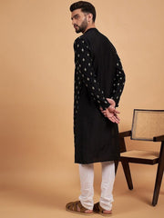 BlackEthnic Motifs Embroidered Thread Work Silk Kurta - Inddus.com