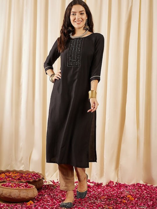 BlackFloral Yoke Design Thread Work Straight Kurta - Inddus.com