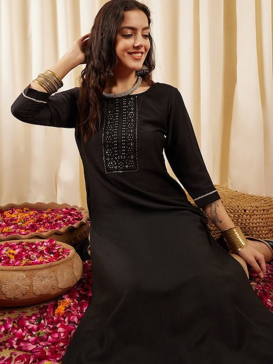 BlackFloral Yoke Design Thread Work Straight Kurta - Inddus.com