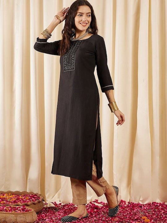 BlackFloral Yoke Design Thread Work Straight Kurta - Inddus.com