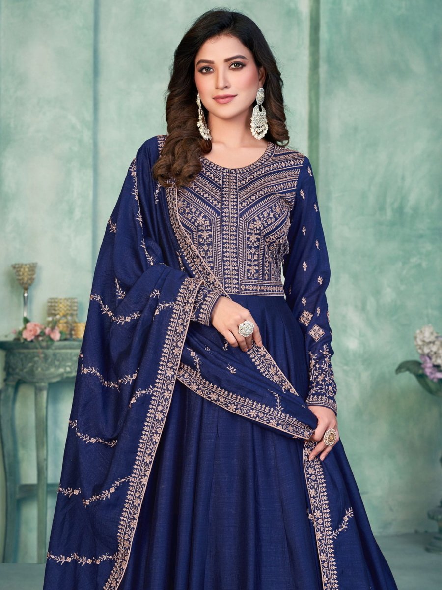 Blue Art Silk Partywear Anarkali-Suit - Inddus.com