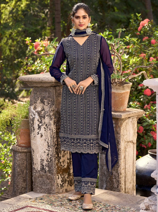 Blue Embroidered Festive-Wear Straight-Cut-Suit - Inddus.com