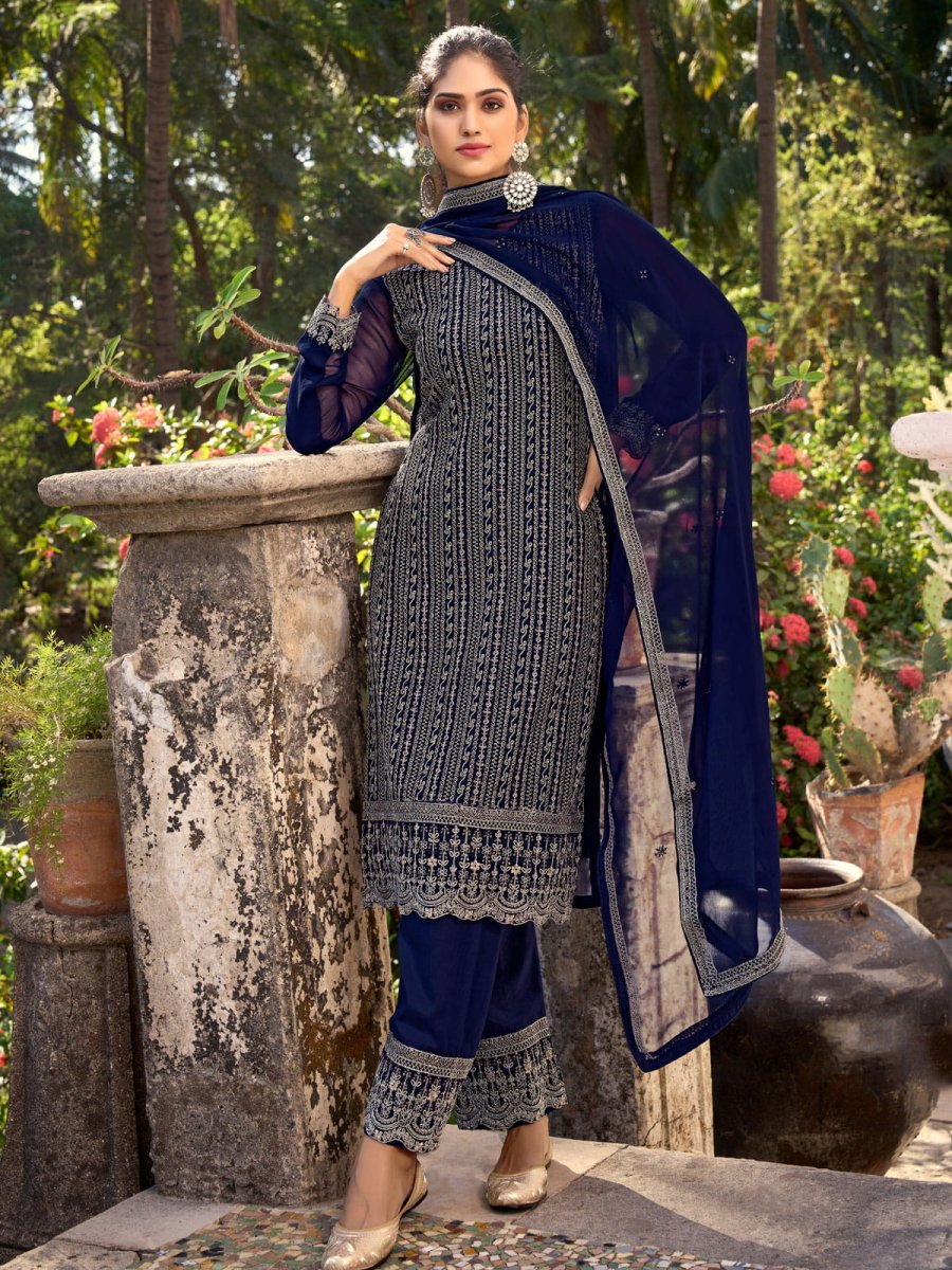 Blue Embroidered Festive-Wear Straight-Cut-Suit - Inddus.com