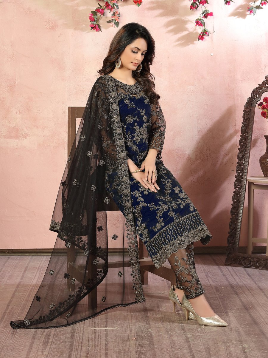 Blue Embroidered Partywear Straight Cut Suit - Inddus.com