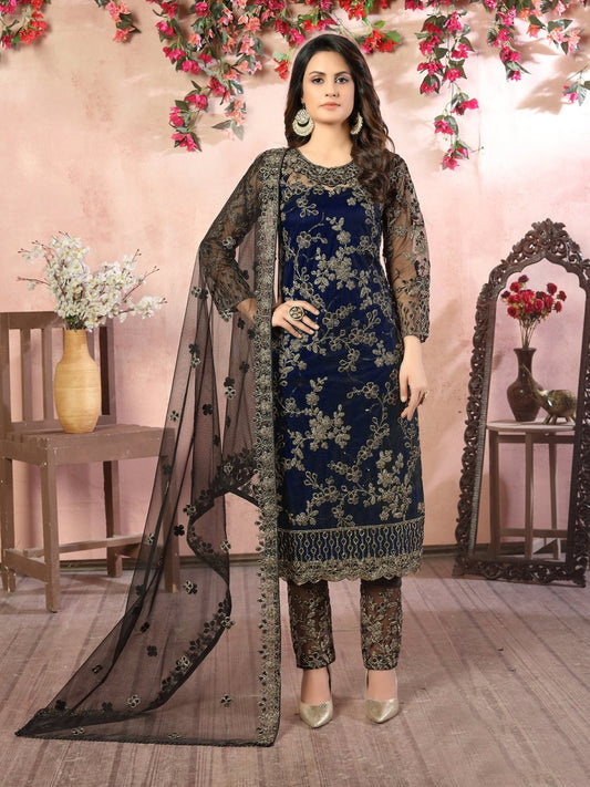 Blue Embroidered Partywear Straight Cut Suit - Inddus.com