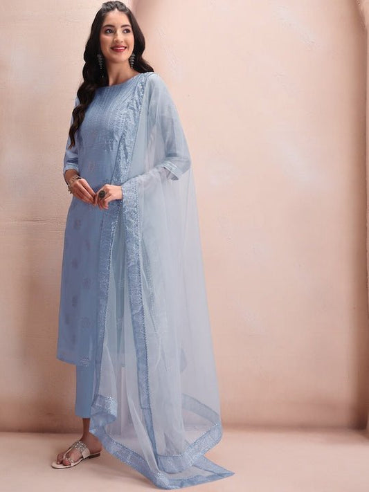 Blue Floral Embroidered Mukaish Chanderi Cotton Kurta With Trousers & Dupatta - Inddus.com