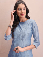 Blue Floral Embroidered Mukaish Chanderi Cotton Kurta With Trousers & Dupatta - Inddus.com