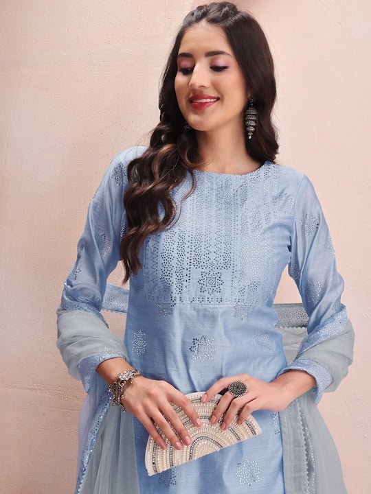 Blue Floral Embroidered Mukaish Chanderi Cotton Kurta With Trousers & Dupatta - Inddus.com