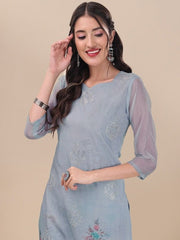 Blue Floral Embroidered Thread Work Kurta & Trousers With Dupatta - Inddus.com