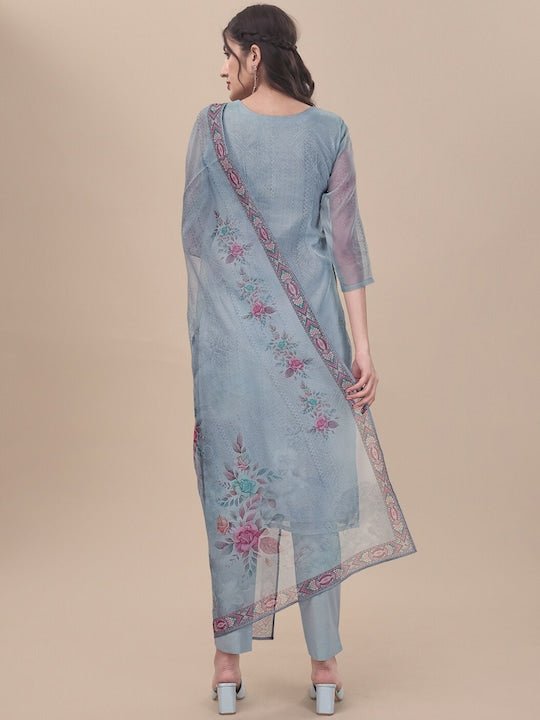 Blue Floral Embroidered Thread Work Kurta & Trousers With Dupatta - Inddus.com