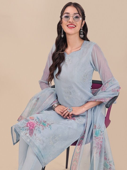 Blue Floral Embroidered Thread Work Kurta & Trousers With Dupatta - Inddus.com