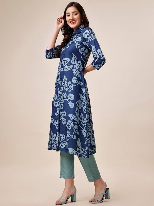 Blue Floral Printed Shirt Collar A-Line Kurta With Trousers - Inddus.com