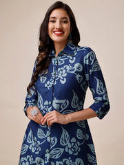 Blue Floral Printed Shirt Collar A-Line Kurta With Trousers - Inddus.com