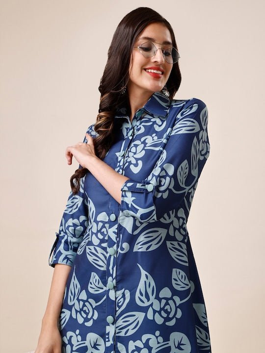 Blue Floral Printed Shirt Collar A-Line Kurta With Trousers - Inddus.com