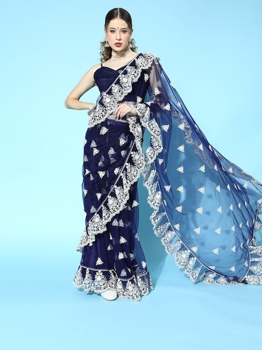 Blue Floral Saree with Embroidered border