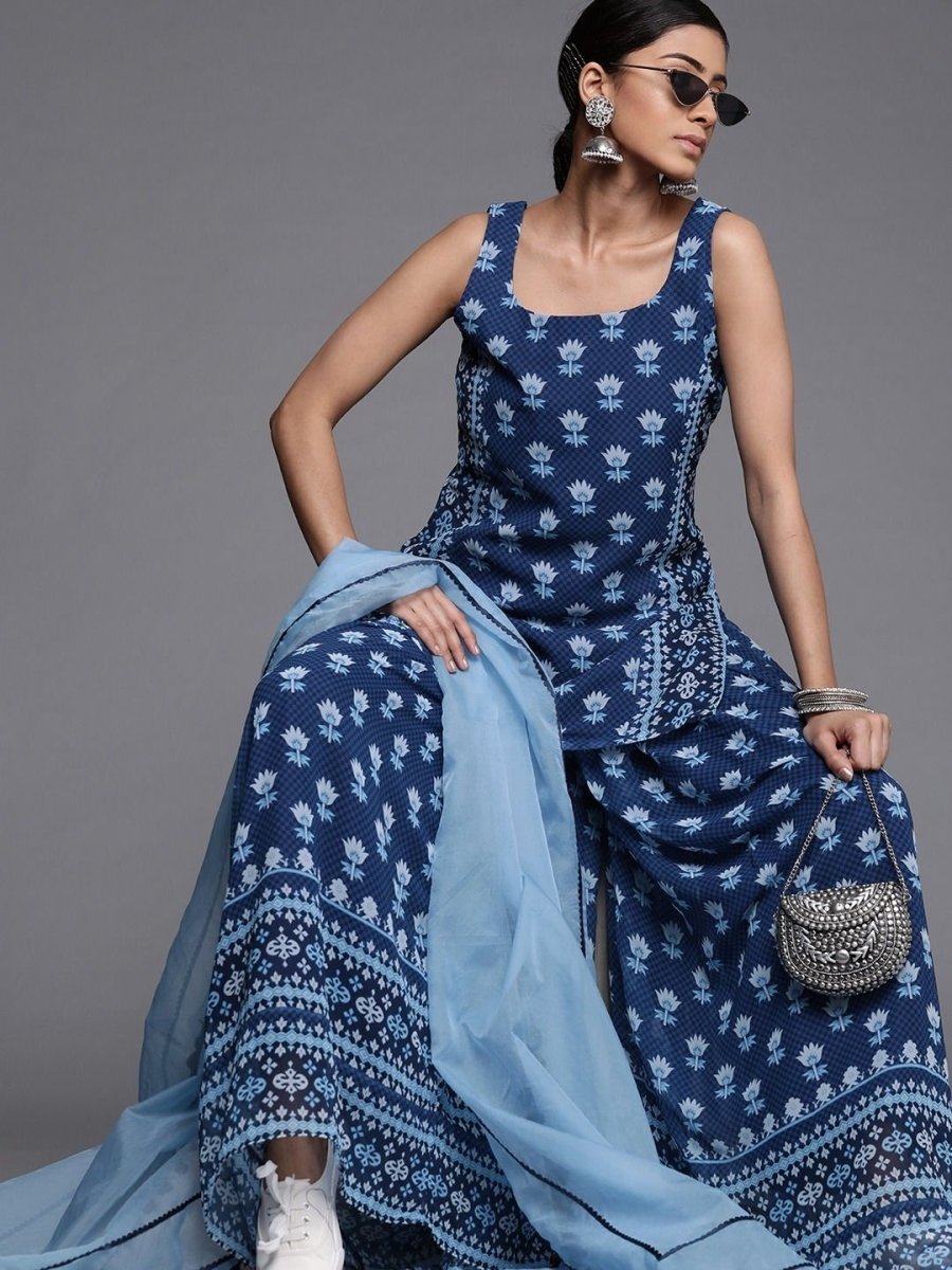 Blue Georgette Printed Palazzo Suit - Inddus.com